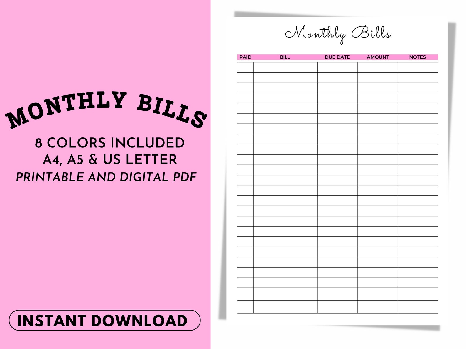Monthly Bill Tracker Printable Monthly Bills Bill Planner Etsy