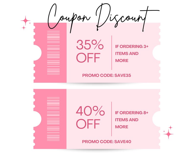 Puede incluir: Dos cupones rectangulares de color rosa claro con bordes festoneados y un c&oacute;digo de barras a la izquierda. El cup&oacute;n superior muestra 35% OFF IF ORDERING 3+ ITEMS AND MORE con PROMO CODE: SAVE35. El cup&oacute;n inferior muestra 40% OFF IF ORDERING 8+ ITEMS AND MORE con PROMO CODE: SAVE40.