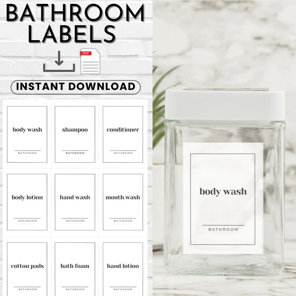 White Minimalist Bathroom Labels Printable, Shampoo Conditioner Hand Wash Home Storage Jar Labels Waterproof Bathroom Hand Pump Labels, PDF