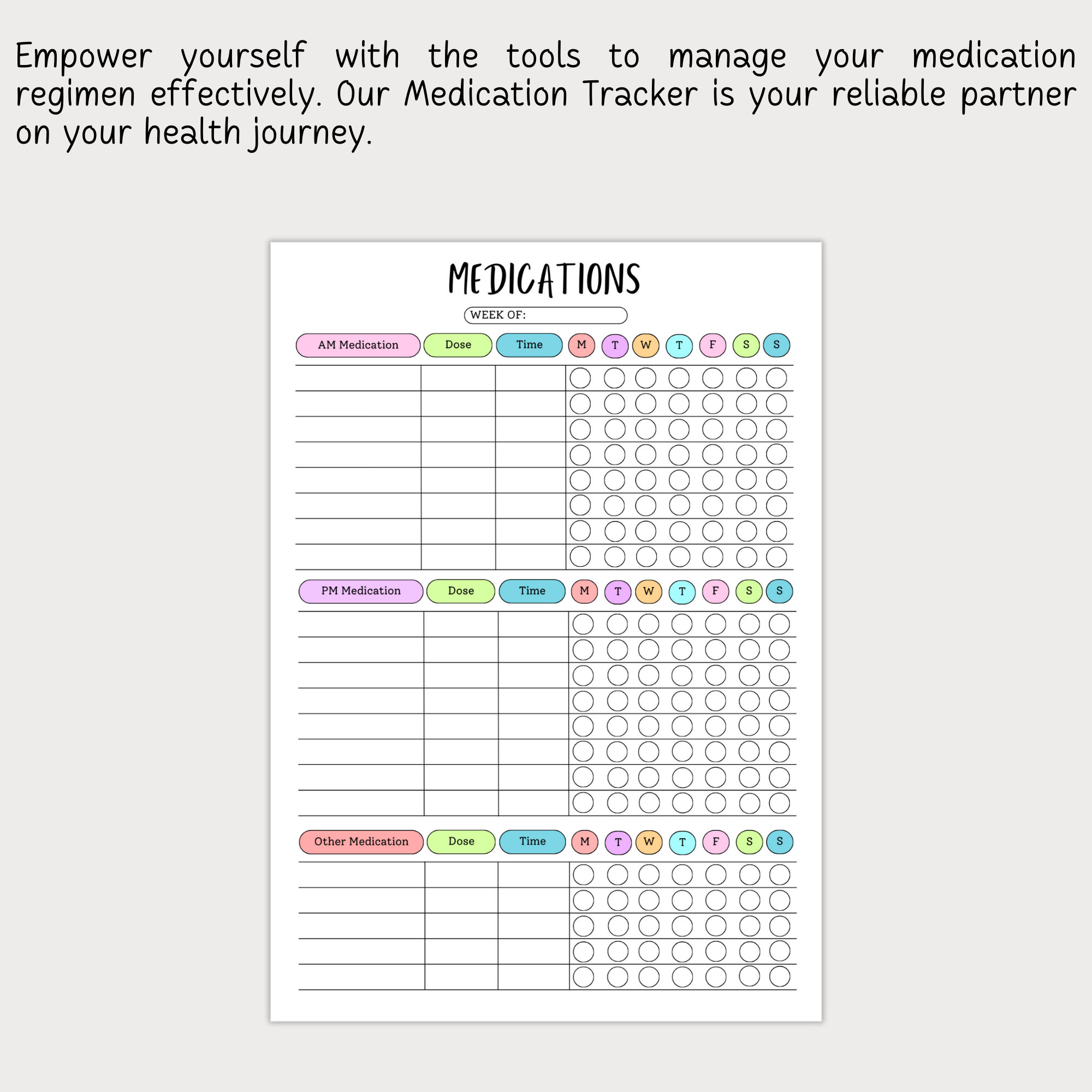 Printable Medication Schedule, Medicine Intake Tracker, Weekly