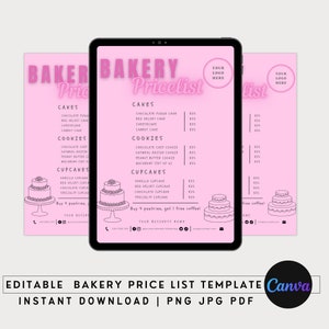 Bearbeitbare Bäckerei Preisliste, Kuchen Cookie Preisliste, Canva Template, Cookie Business, Anpassbare Preisliste, druckbare Bäckerei Preisliste