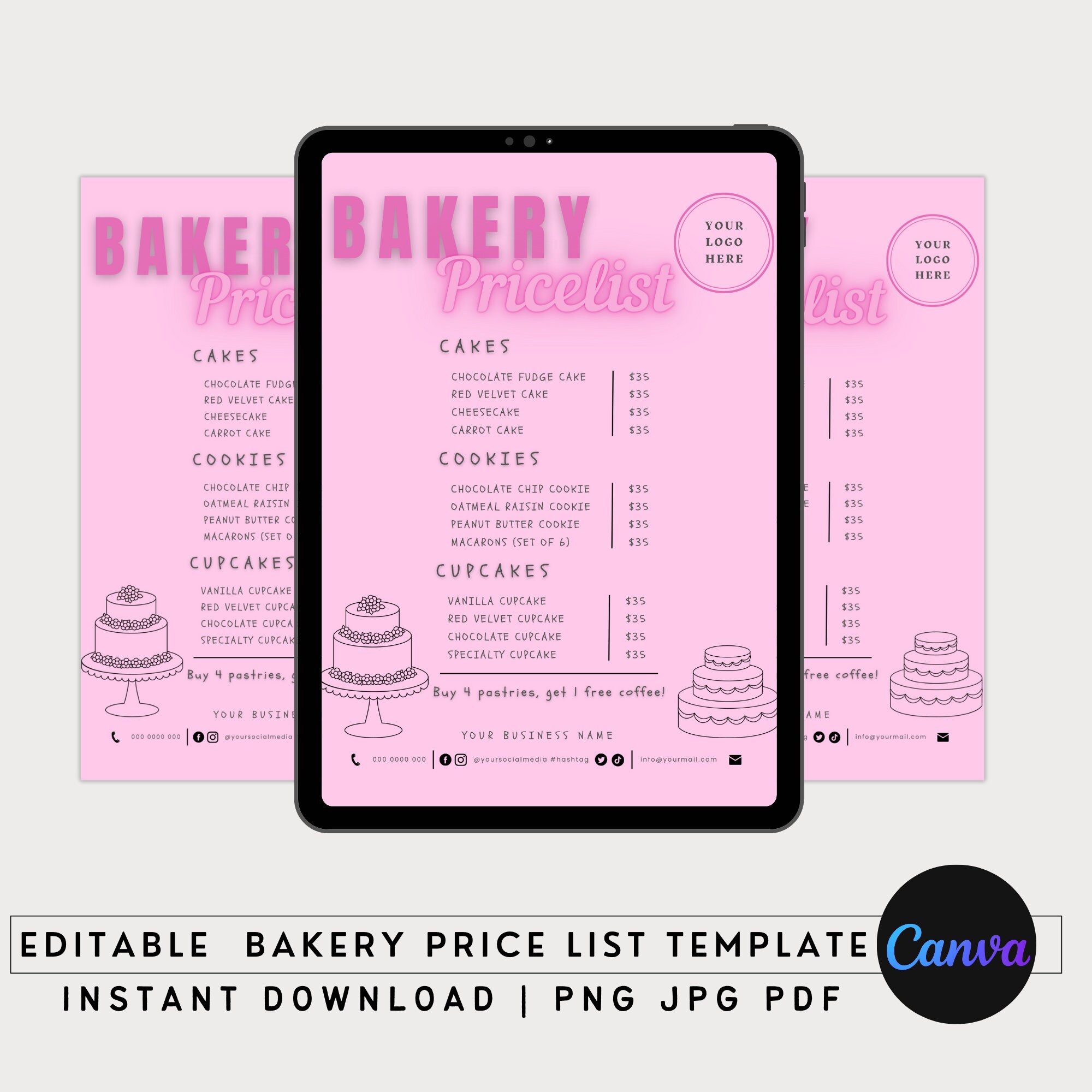 Editable Bakery Price List, Cake Cookie Price List, Canva Template ...