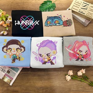 Huntrix Band Embroidered Shirt, Dem0n Hunter Embroidery Sweatshirt, Kpop Dem0n H.u.n.t.e.r.s Embroidery Shirt, Huntrix, Anime Lover Gifts