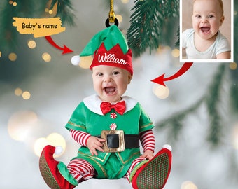 Cute Baby Elf Ornament, Baby Christmas Ornament, Baby First Christmas Ornament, Elf Ornament, Custom Baby Photo Ornament, Baby Christmas