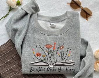 Embroidered Wildflower Book Sweatshirt, Embroidered Book Lover Sweatshirt, Embroidered Floral Book, Reading Sweatshirt, Book Readers Gift