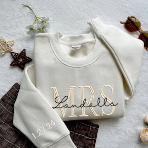 Custom Mrs. Embroidered Sweatshirt, Date On Sleeve, Hubby Wifey, Gift For Bride, Future Mrs. and Mr. Hoodie, Engagement Gift, Bride To Be