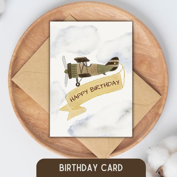 Airplane Birthday Card Printable, Birthday Card for Dad, Pilot Birthday Card, Vintage Airplane Birthday Card, Digital Download