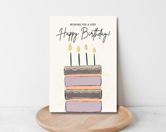 Birthday Cake Illustration Card, Printable Happy Birthday Greeting Card for Her Vintage Girl, Birthday Cake Card for Digital Printing