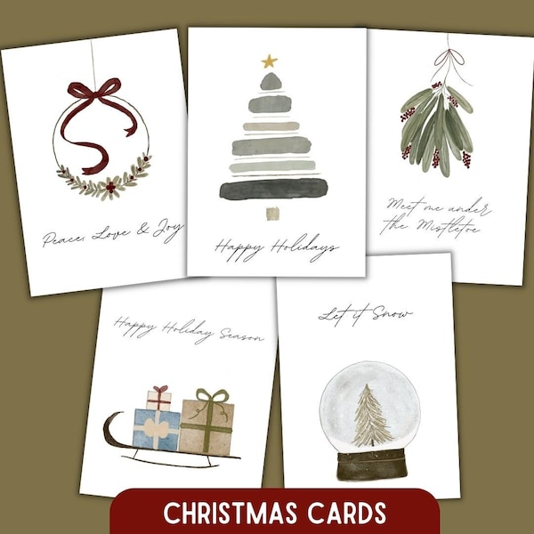 Christmas Card Set Printable, Holiday Card Set, Christmas Card set 5x7, Holiday Watercolor Cards, Christmas Card Set of 5