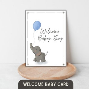 Cartão de boas-vindas para menino, Cartão de boas-vindas para bebê para impressão, Cartão para novo bebê, Boas-vindas para menino, Elefante com balões, Bem-vindo ao mundo