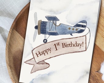 Carte d’avion joyeux 1er anniversaire, carte d’anniversaire pour petit-fils, carte d’anniversaire imprimable, avion avec carte bannière, carte de 1er anniversaire pour garçon