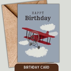 Cartão de aniversário de avião, cartão de aniversário para filho, aniversário de avião vintage, cartão de felicitações de avião, cartão de feliz aniversário para impressão