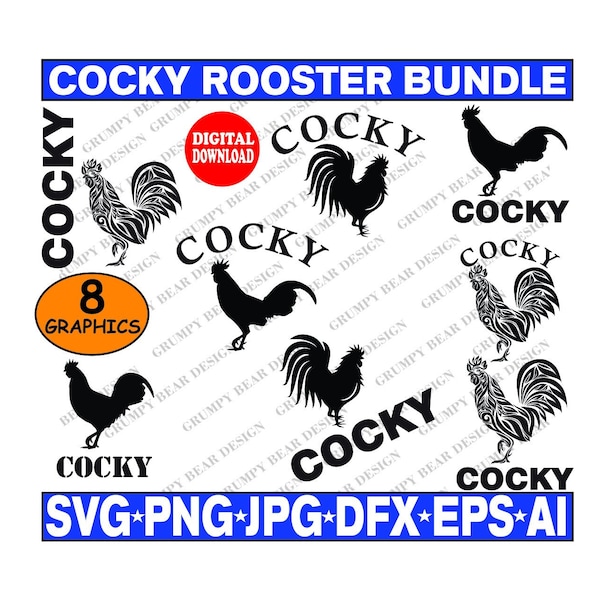 Cocky x9 Graphics with Rooster, Svg Png Jpg Eps Ai Dfx, Digital Download, Cricut, Cut File, Sublimation, Laser, Print On Demand, Mug, Shirt