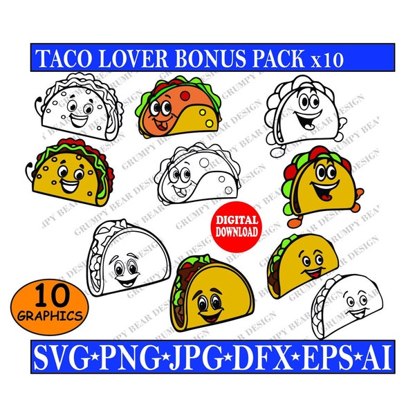 Taco Graphics, Taco logo, 10 Graphics, Color and B&W Cut Files, Svg Png Jpg, Instant Download, Cricut, Sublimation, Laser, Print On Demand