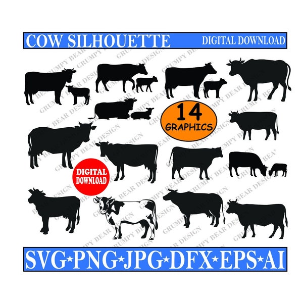 Cow Silhouette x 14 Graphic Pack - Cow Lover SVG - Digital Download - Cricut - Vinyl - Cut File - Sublimation - Laser - Print On Demand