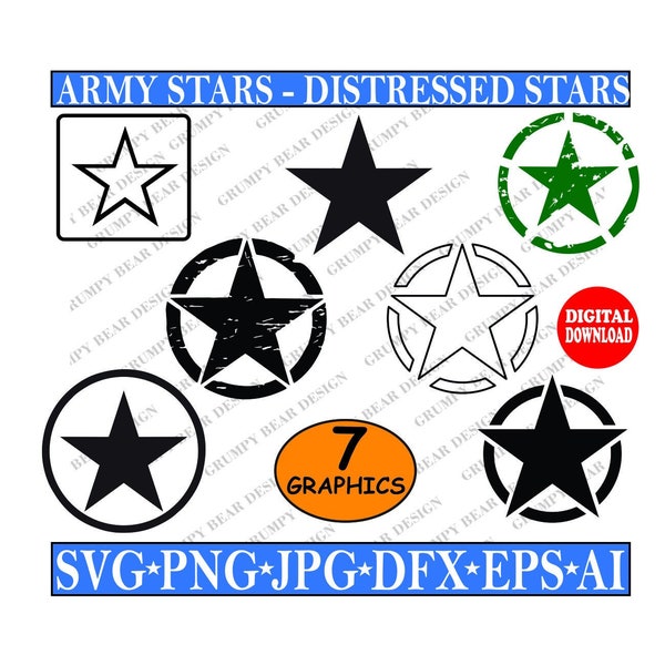 US Army Star x7 Graphics, Regular and Distressed, Svg Eps Jpg Png Ai Dfx, Veteran cut file, Sublimation, POD, Sticker, Shirt, Jeep, Star