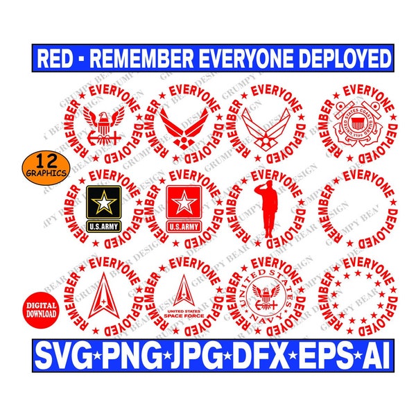 Remember Everyone Deployed, RED, Red Friday, 12 Graphics, Military Veteran, Digital Download, Cricut, Sublimation, Print on demand, POD, Vet