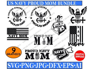 US Navy Mom, Proud Mom x 8 Graphics, USN, Veteran, Military, Cut File, Instant Download, Sublimation, Laser, Print on Demand, POD, Cricut