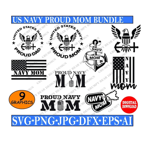 US Navy Mom, Proud Mom x 8 Graphics, USN, Veteran, Military, Cut File, Instant Download, Sublimation, Laser, Print on Demand, POD, Cricut