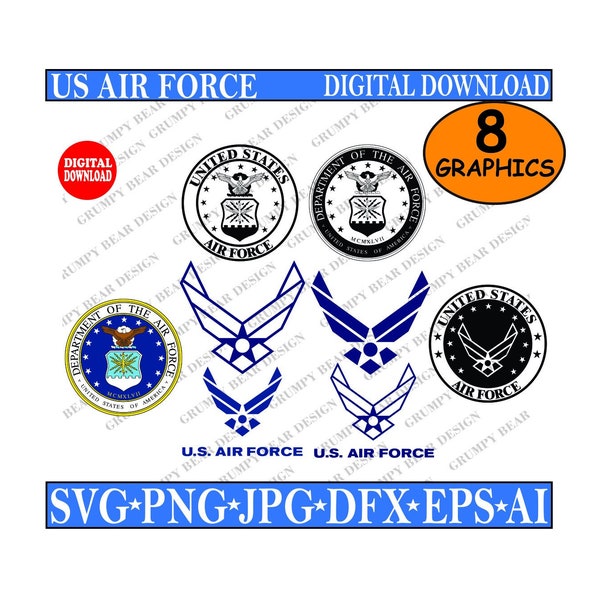 US Air Force, AF x8 Graphics - Shield Crest Logo Symbol, Svg Png Jpg Dfx Eps Ai, Digital Download, Cut File, Sublimation, Print on Demand