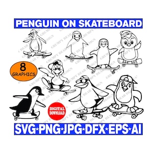 Penguin on Skateboard x8 Graphics - Penguin SVG - Descarga digital - Cricut - Vinilo - Archivo de corte - Sublimación - Láser - Impresión bajo demanda POD