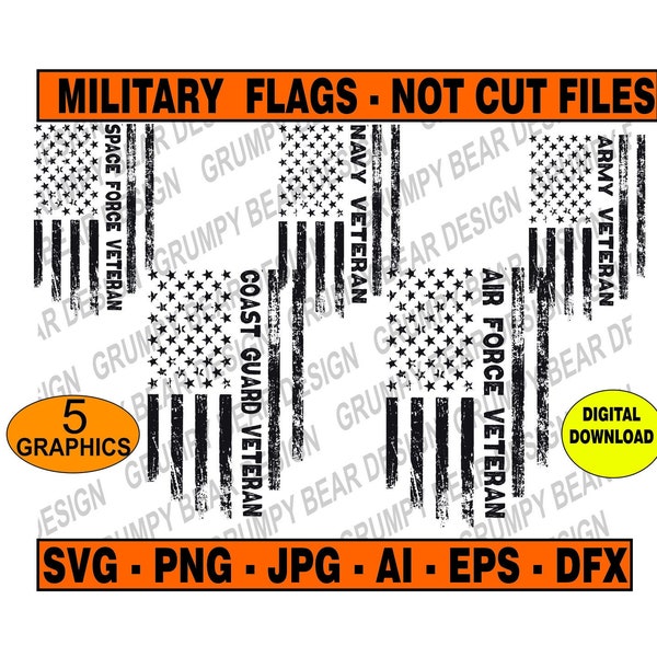 Distressed Veteran US Flag, 5 Graphics, Space Force Army Navy Coast Guard Air Force, Not for Cutting Machine, No Marine Flag, Sticker, Shirt