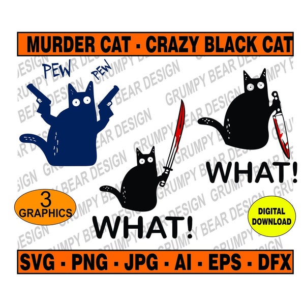 Chat ninja, chat meurtrier, graphismes x3 chat pistolet, quel chat noir, téléchargement numérique, fichier de coupe, sublimation, impression à la demande, autocollant, chemise, tasse