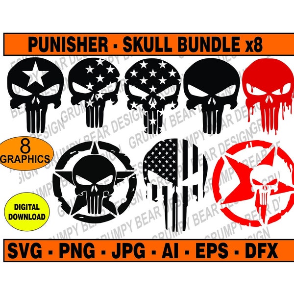 Punisher Skull x8 Graphics, Digital Download, Svg Png Jpg Ai Eps Dfx, Cut File, Sublimation, Sticker, Mug, Shirt, Wall Art, Laser, POD