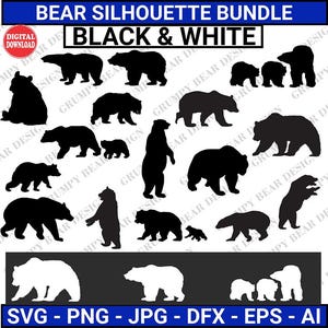 Bear Silhouette Bundle, Bear Svg, 17 Black & 17 White Files, Clipart, Digital Download, Sublimation, Print on Demand, POD, Laser, Cricut