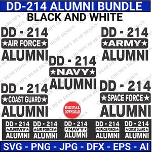Pacote de ex-alunos DD-214, 5 gráficos, preto e branco, Força Aérea, Exército, Marinha, Guarda Costeira, Força Espacial, Cricut, Download digital, Impressão sob demanda, POD