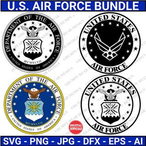 Paquete de sello y logotipo de la Fuerza Aérea de EE. UU., 4 gráficos: escudo, escudo y símbolo de la Fuerza Aérea, descarga digital, impresión por inyección de tinta (POD), sublimación y láser.