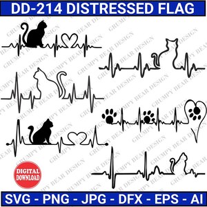 ECG de battement de coeur de chat, chat ECG Svg, Svg de chat, empreinte de patte, clipart chat, amoureux des chats, chaton, téléchargement numérique, fichier coupé, sublimation, impression à la demande