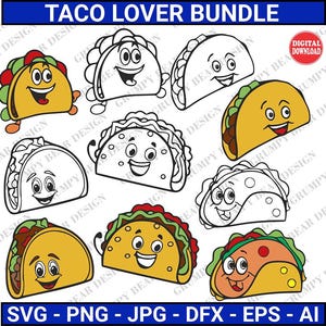 Taco Lover Bundle, Taco, Taco Graphics, Black & Multi Color, Cut Files, Digital Download, Cricut, Sublimation, Laser, Print on Demand, POD