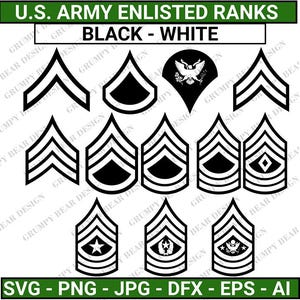 U.S. Army Enlisted Rank Graphics, Army Svg, Army Png, Army Enlisted Ranks, Instant Download, Cut File, Sublimation, Laser,  Print On Demand