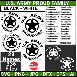 Familia orgullosa del Ejército de EE. UU., mamá, papá y más, logotipo circular de la estrella del Ejército, SVG del Ejército, 26 nombres, blanco y negro, archivo recortado, sublimación, impresión bajo demanda, POD