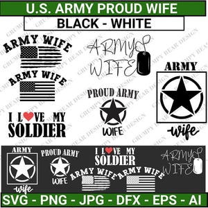 Pacote de esposa do exército, esposa orgulhosa do exército, esposa do exército svg, esposa do exército, branco e preto, download digital, arquivo de corte, sublimação, impressão sob demanda, POD