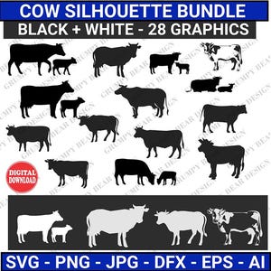Silhouette de vache, lot graphique 28 x, vache Svg, veau Svg, téléchargement numérique, Cricut, vinyle, fichier de coupe, sublimation, laser, impression à la demande, POD