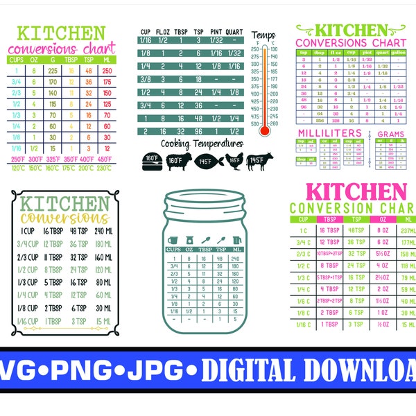 Kitchen Conversion Chart x6 Graphics - Digital Download - Sublimation - Laser - Print On Demand