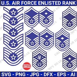Rango de alistado de la Fuerza Aérea, Insignia de rango de la Fuerza Aérea, Paquete de rango, Svg de la Fuerza Aérea, Descarga instantánea, Svg de veterano, Svg militar, Archivo de corte, POD