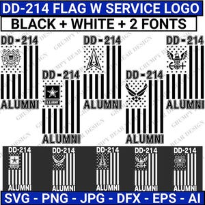 Bandeira DD-214 Alumni, Bandeira DD-214 com logotipo de serviço, Preto e branco, Força Aérea, Exército, Marinha, Laser, Arquivo cortado, Download digital, Impressão sob demanda, POD