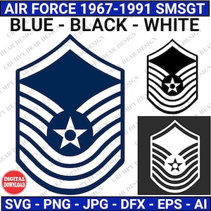 Insignia de la Fuerza Aérea SMSgt 1967-1991, rango de la Fuerza Aérea, Svg de la Fuerza Aérea, descarga instantánea, Svg de veterano, Svg militar, archivo de corte, sublimación, POD