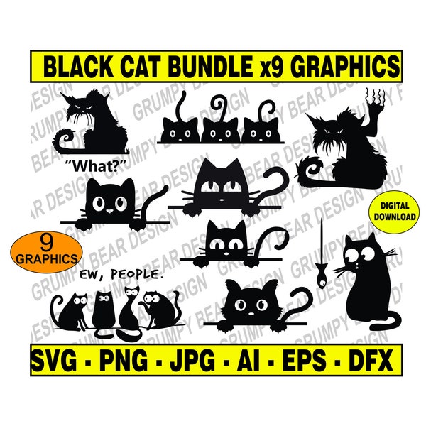Black Cat x9 Graphics, Ew People, What?, Svg Png Jpg Ai Eps Dfx, Shirt, Cup, Mug, Cut File, Digital Download, Sublimation, Print on Demand