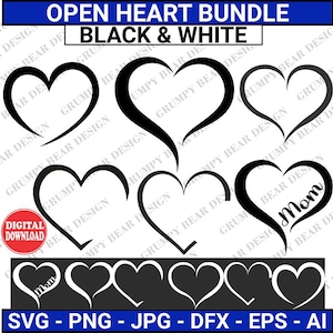 Open hartbundel, open harten, hart Svg, hart Clipart, wit en zwart, Instant Download, Digitale download, grafisch, Print on Demand, POD