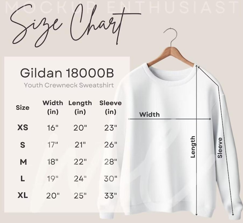 May include: Size chart for Gildan 18000B youth crewneck sweatshirts. The chart shows measurements in inches for width, length, and sleeve length for sizes XS, S, M, L, and XL.
