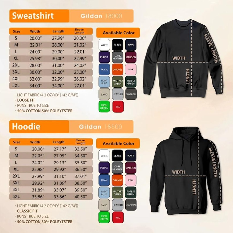 May include: A size chart for Gildan sweatshirts and hoodies. The chart shows the size, width, length, and sleeve length in inches. The available colors are listed in a separate column. The chart is for both sweatshirts and hoodies, with the fabric details listed below each chart.