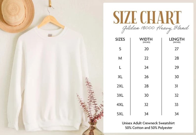 K&ouml;nnte beinhalten: Wei&szlig;er Rundhals-Pullover mit Gr&ouml;&szlig;entabelle, die die Gr&ouml;&szlig;en des Unisex-Adult-Crewneck-Sweatshirts Gildan 18000 Heavy Blend in Zoll anzeigt. Die Gr&ouml;&szlig;en reichen von S bis 5XL mit entsprechenden Breiten- und L&auml;ngenma&szlig;en.