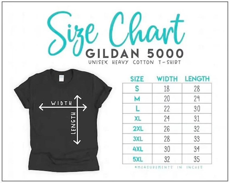 K&ouml;nnte beinhalten: Gr&ouml;&szlig;entabelle f&uuml;r Gildan 5000 Unisex-T-Shirts aus schwerem Baumwollstoff. Die Tabelle zeigt die Breite und L&auml;nge in Zoll f&uuml;r die Gr&ouml;&szlig;en S bis 5XL.