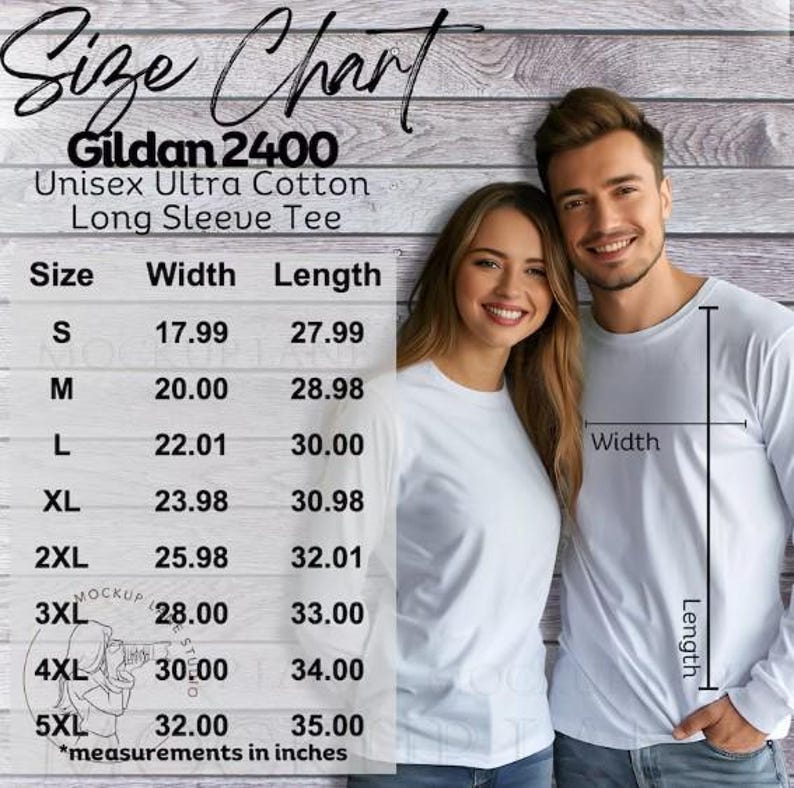 May include: Size chart for Gildan 2400 Unisex Ultra Cotton Long Sleeve Tee. The chart shows the width and length measurements in inches for sizes S through 5XL.