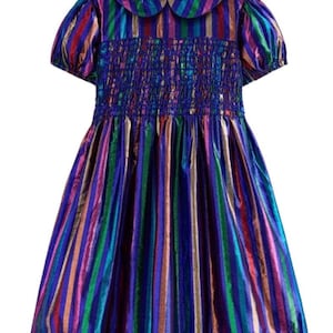Mini Boden Girl&#39;s Metallic Smocked Party Dress in Blue Multi