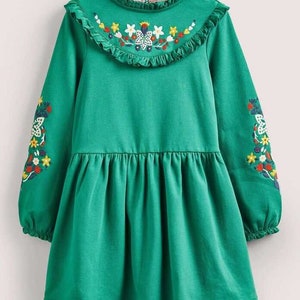 Mini Boden Girl's Floral Embroidered Sweater Jersey Dress in Highland Green
